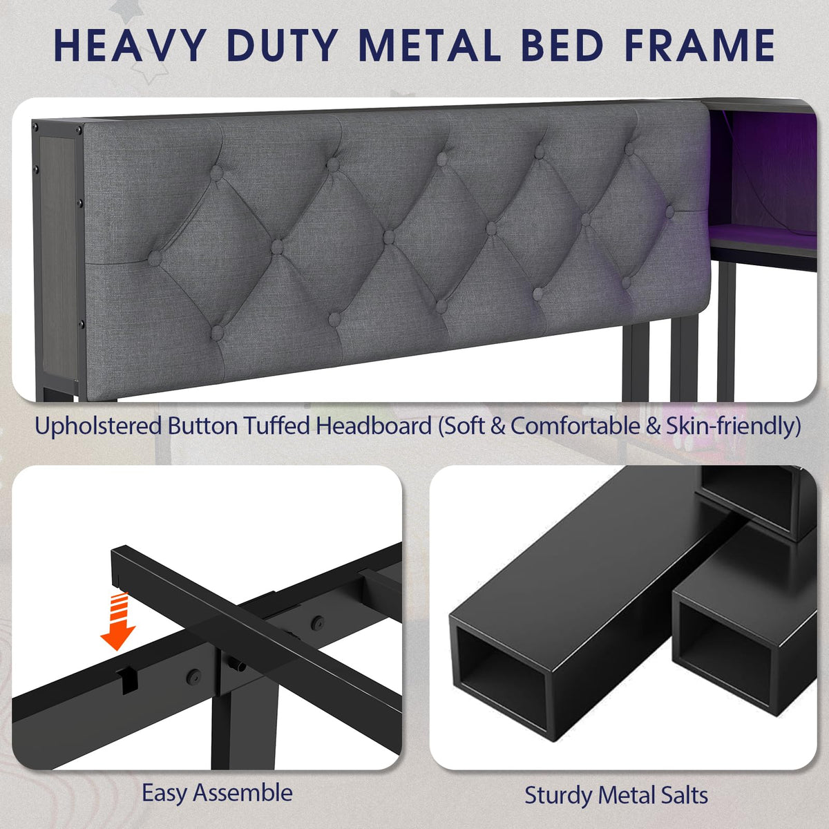 Gray Twin Corner Bed Frame with Storage Bookcase and Headboard M67379