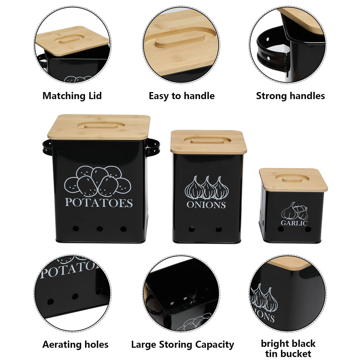 Black 3 Pack Kitchen Canisters Set with Wooden Lid I4936