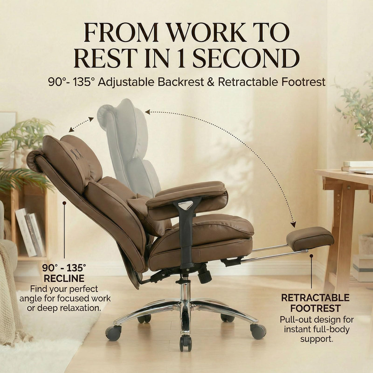 Big & Tall Desk Chair with Footrest Brown C812