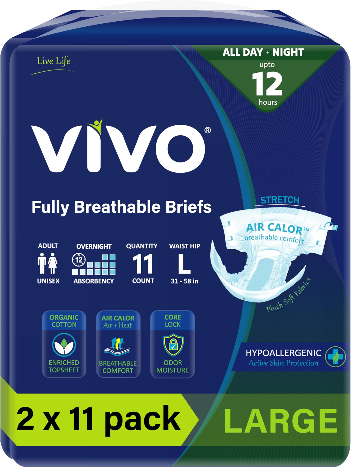 Organic Cotton Adult Incontinence Diaper Briefs with Tabs Large 22 Count H85878