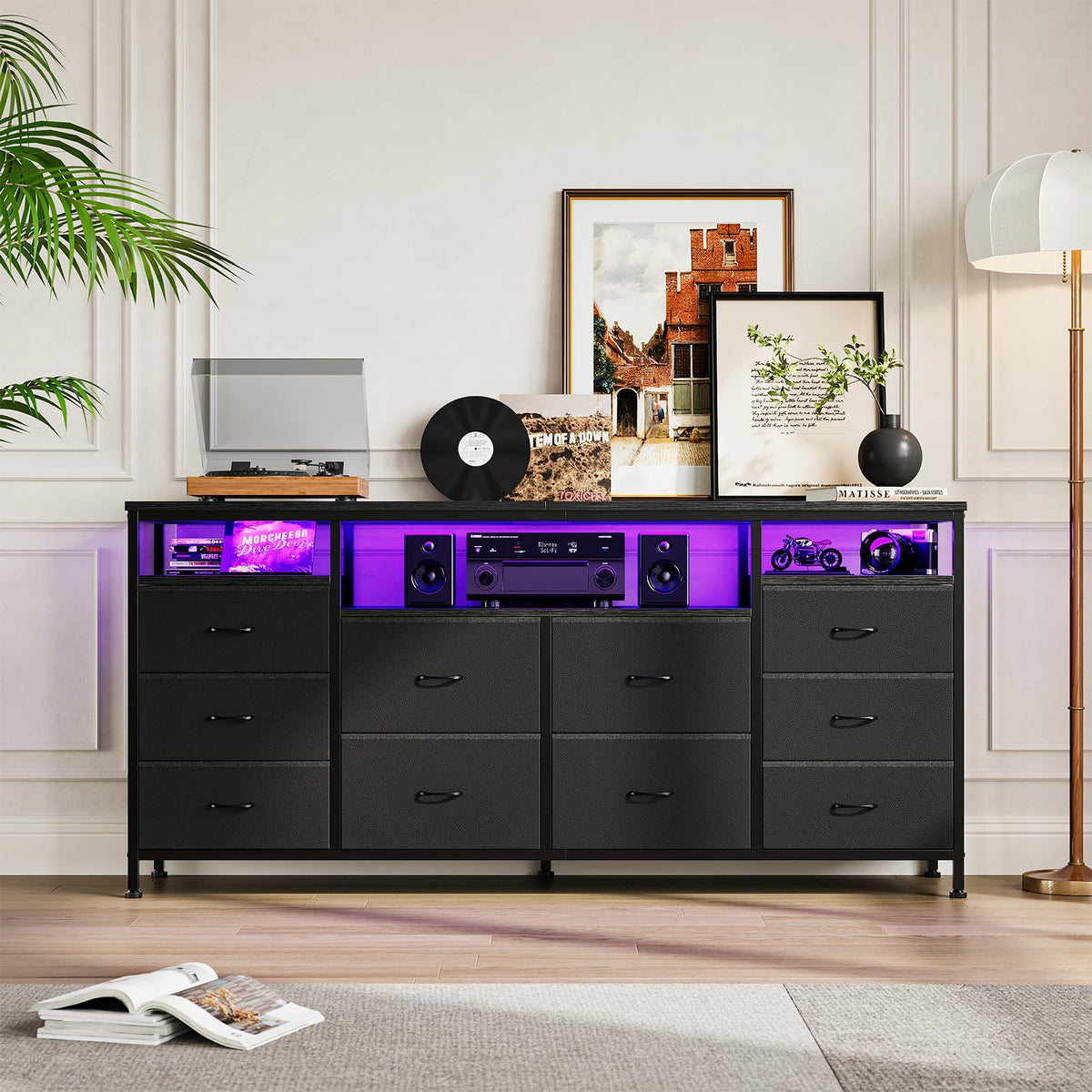 10 Drawer Dresser TV Stand with LED Lights and Power Outlets D4540