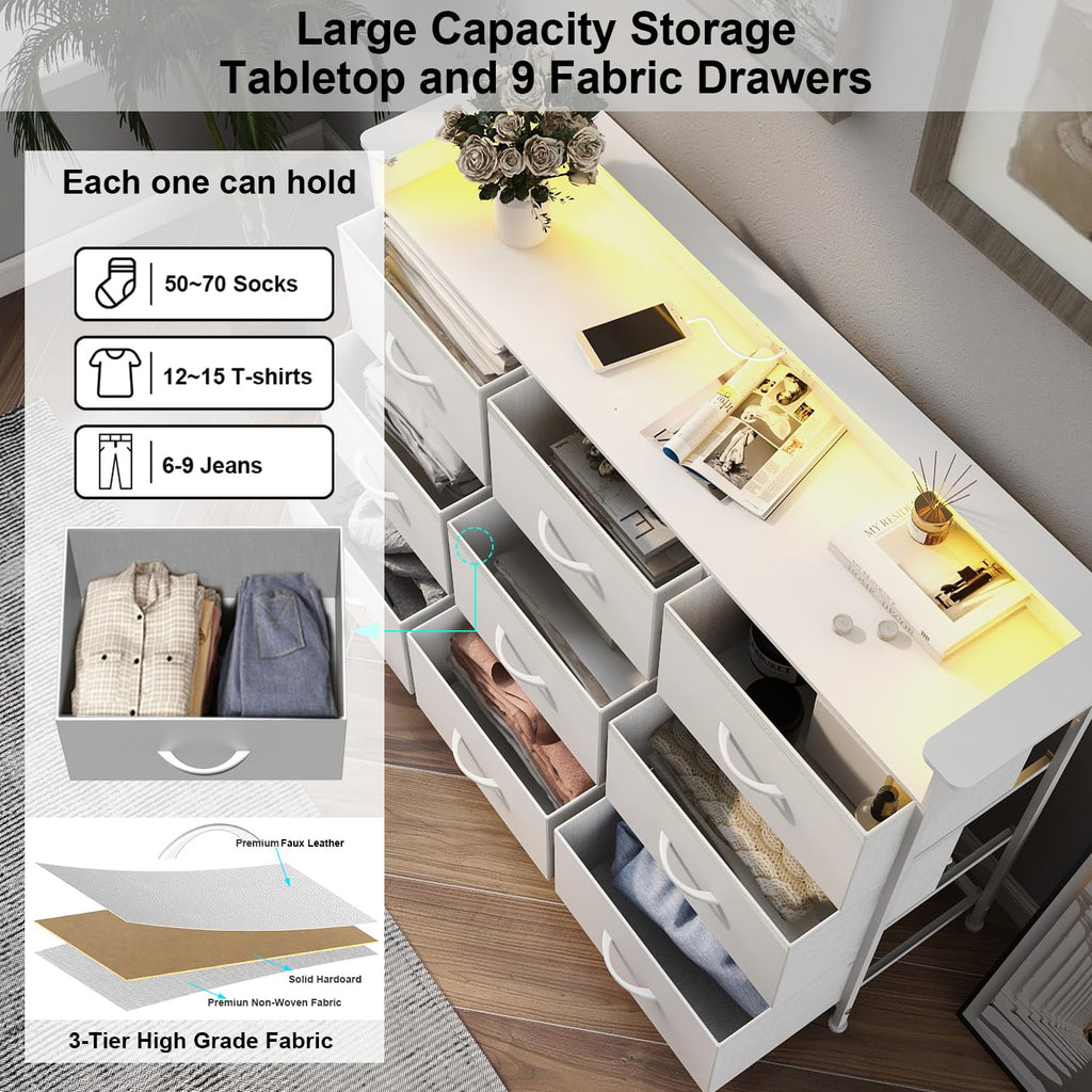 White 9 Drawer Dresser with LED Light and Charging Station I190727