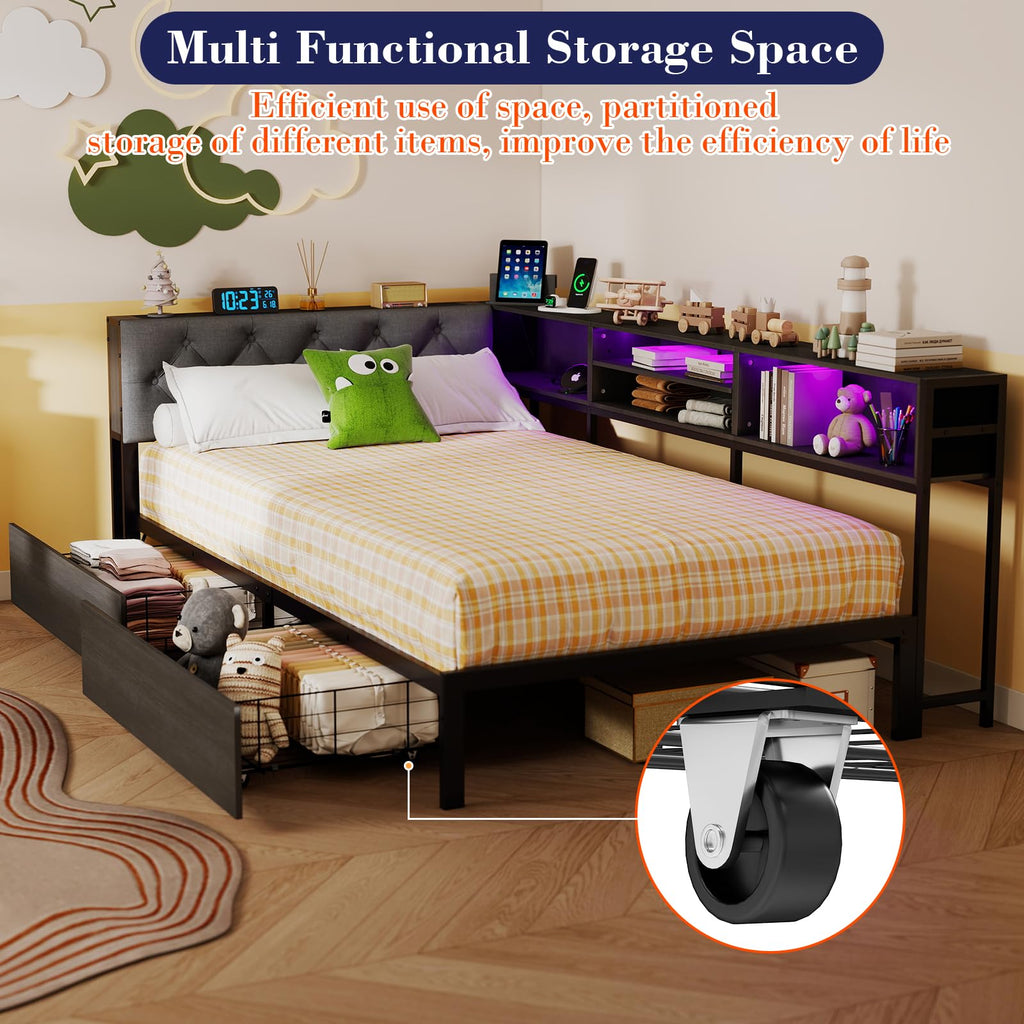 Gray Twin Corner Bed Frame with Storage Bookcase and Headboard M67379