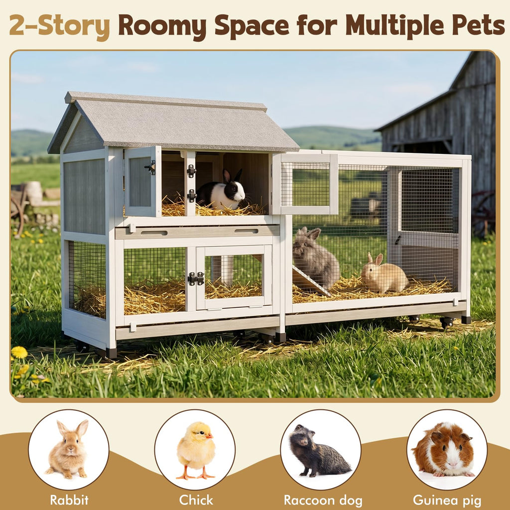2-Story Wooden Rabbit Hutch with 3 Removable Trays I442
