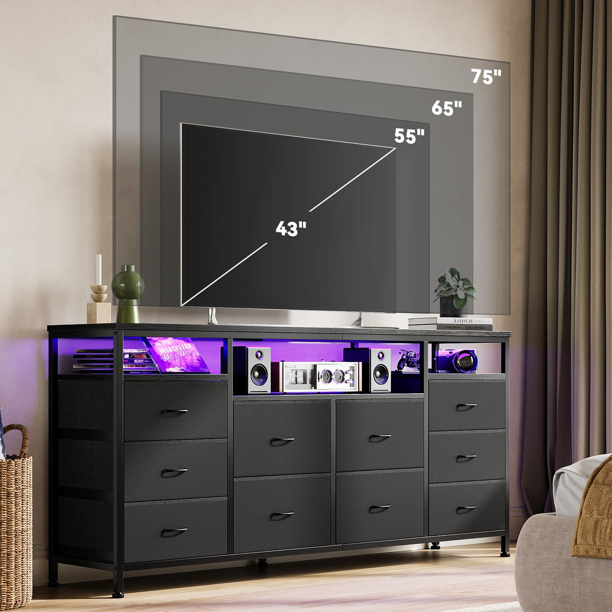 10 Drawer Dresser TV Stand with LED Lights and Power Outlets D4540