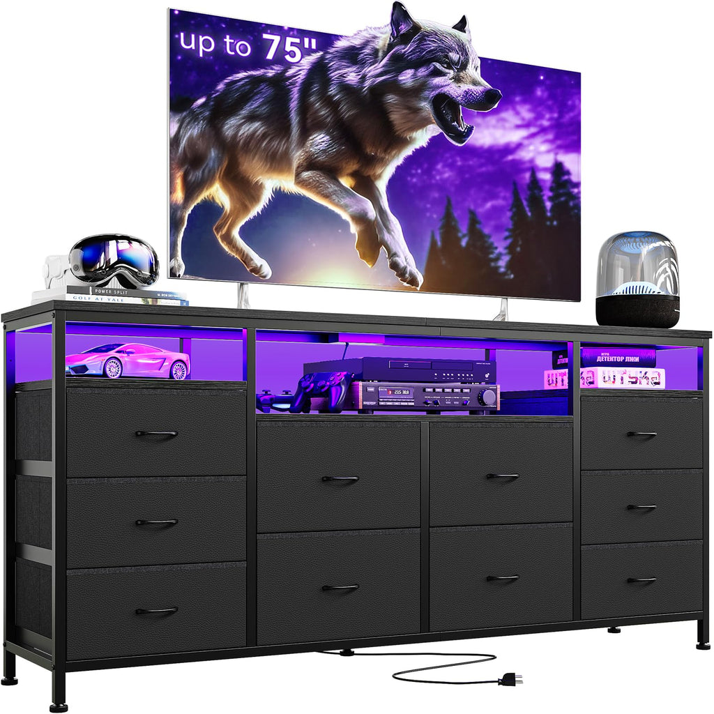 10 Drawer Dresser TV Stand with LED Lights and Power Outlets D4540