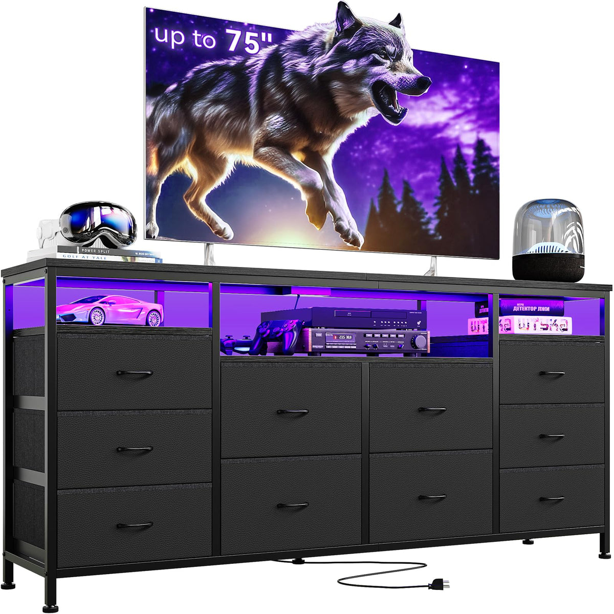 10 Drawer Dresser TV Stand with LED Lights and Power Outlets D4540