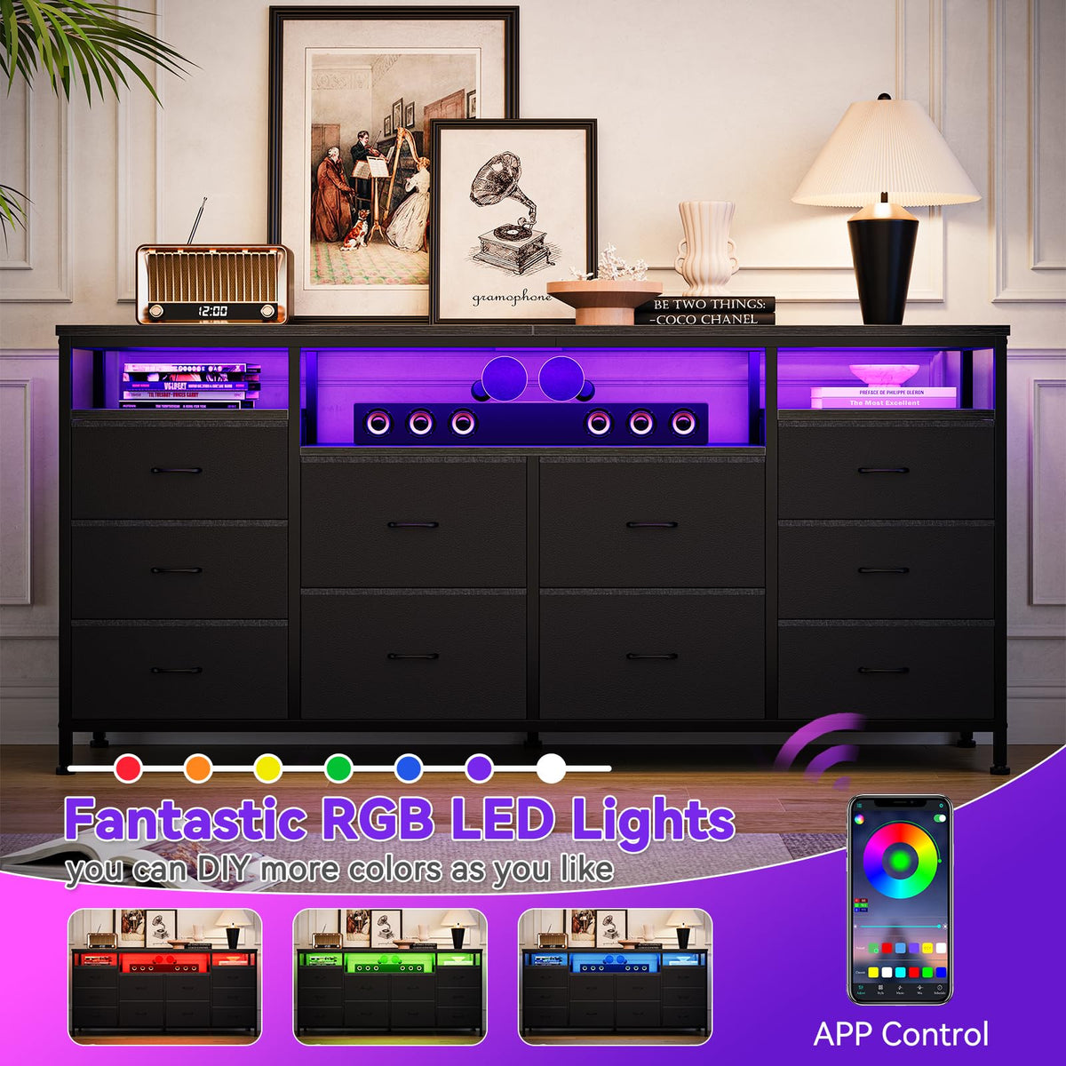 10 Drawer Dresser TV Stand with LED Lights and Power Outlets D4540