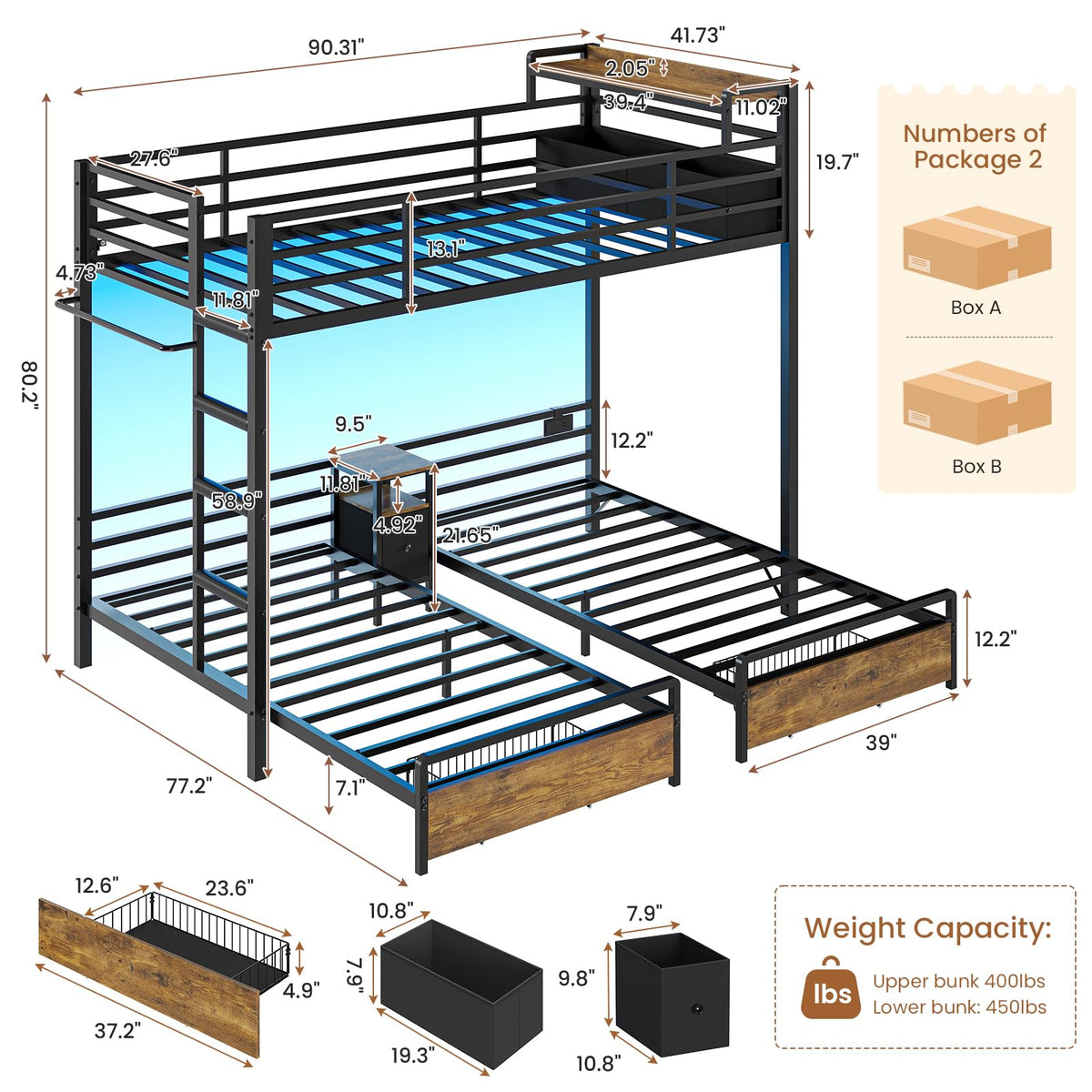 Black Twin Over Twin Triple Bunk Bed with Storage Drawers V27603
