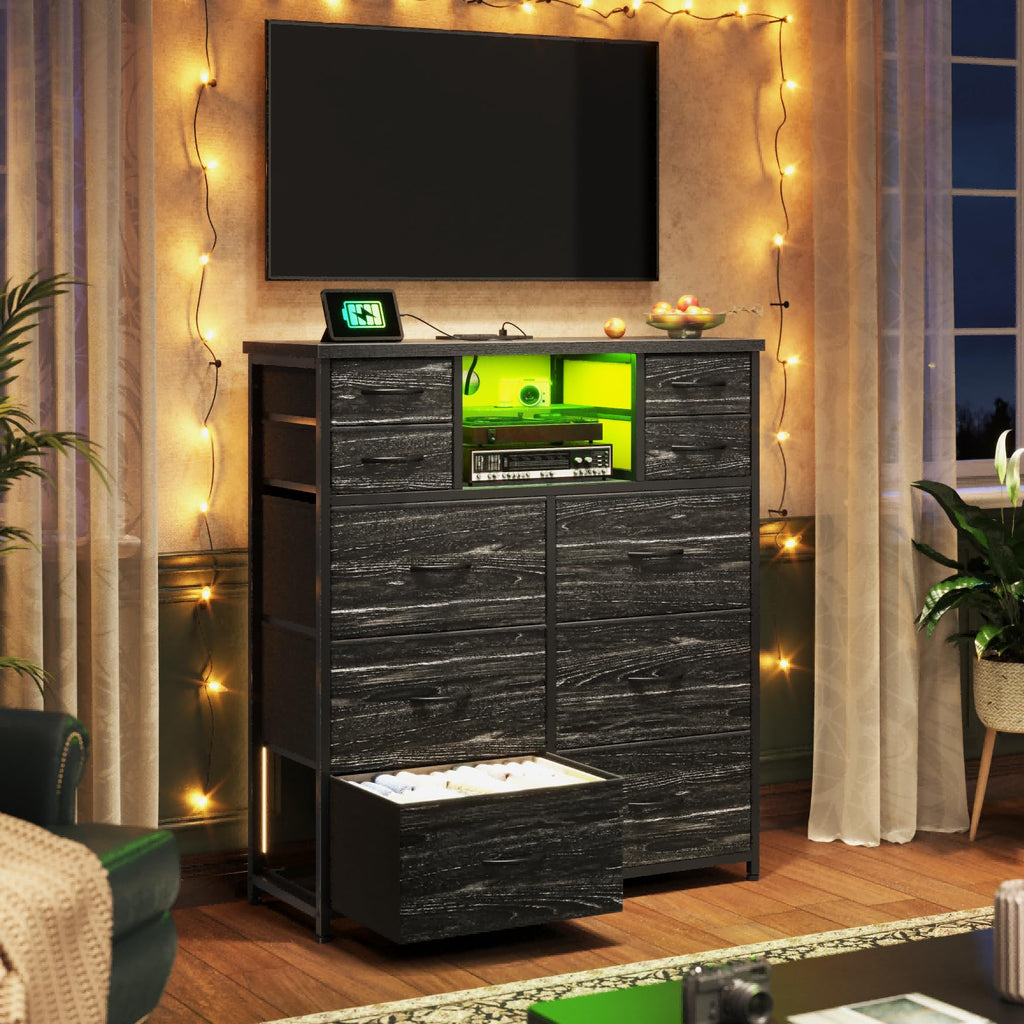 Black 10 Drawer Dresser with LED & Charging Station V122673