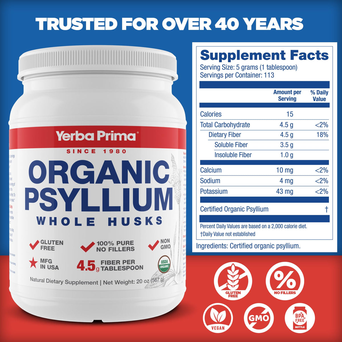 Organic Whole Psyllium Husks Fiber 20 oz Pack of 2 Y8083