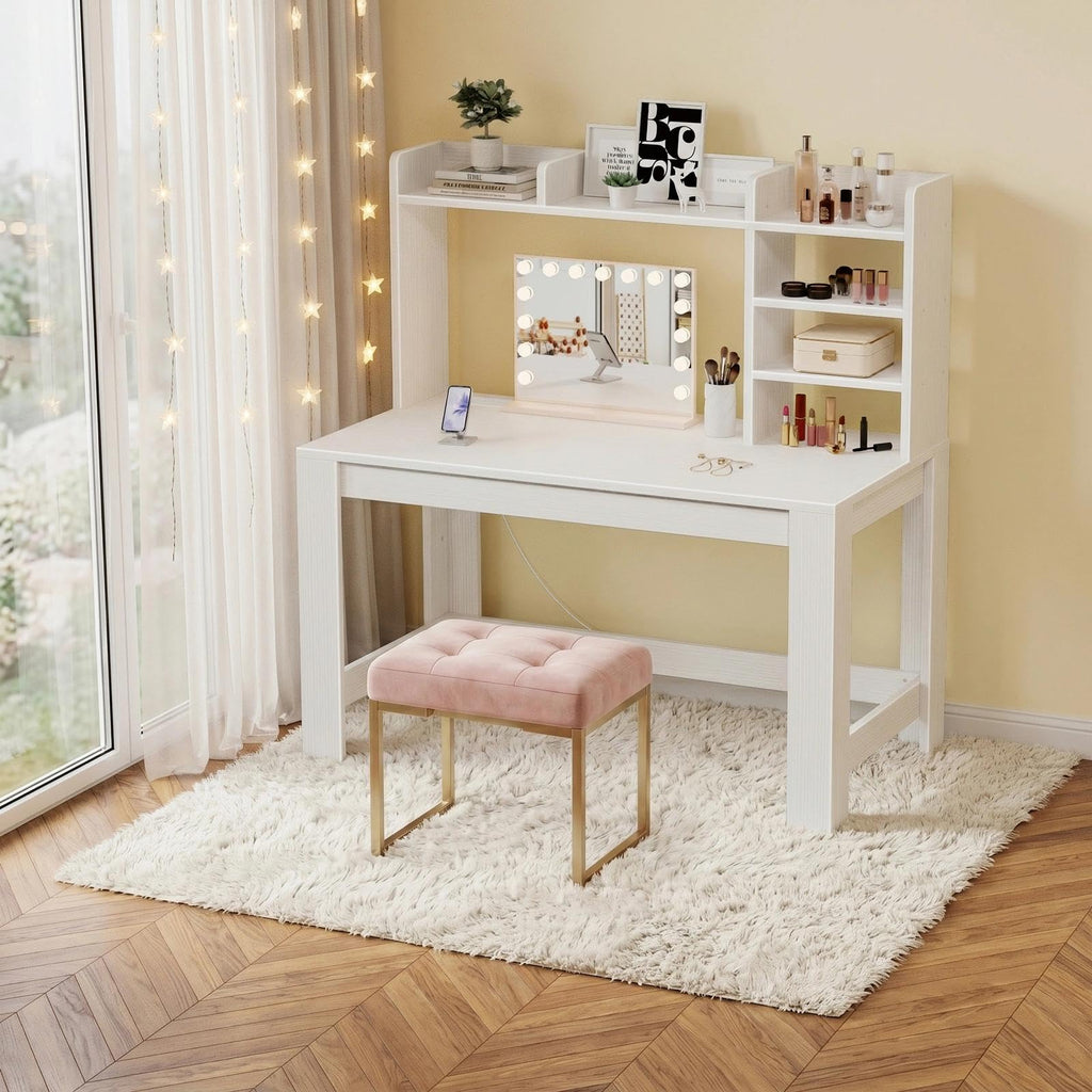 White Student Desk with Hutch and Built-in Power Outlet A36820