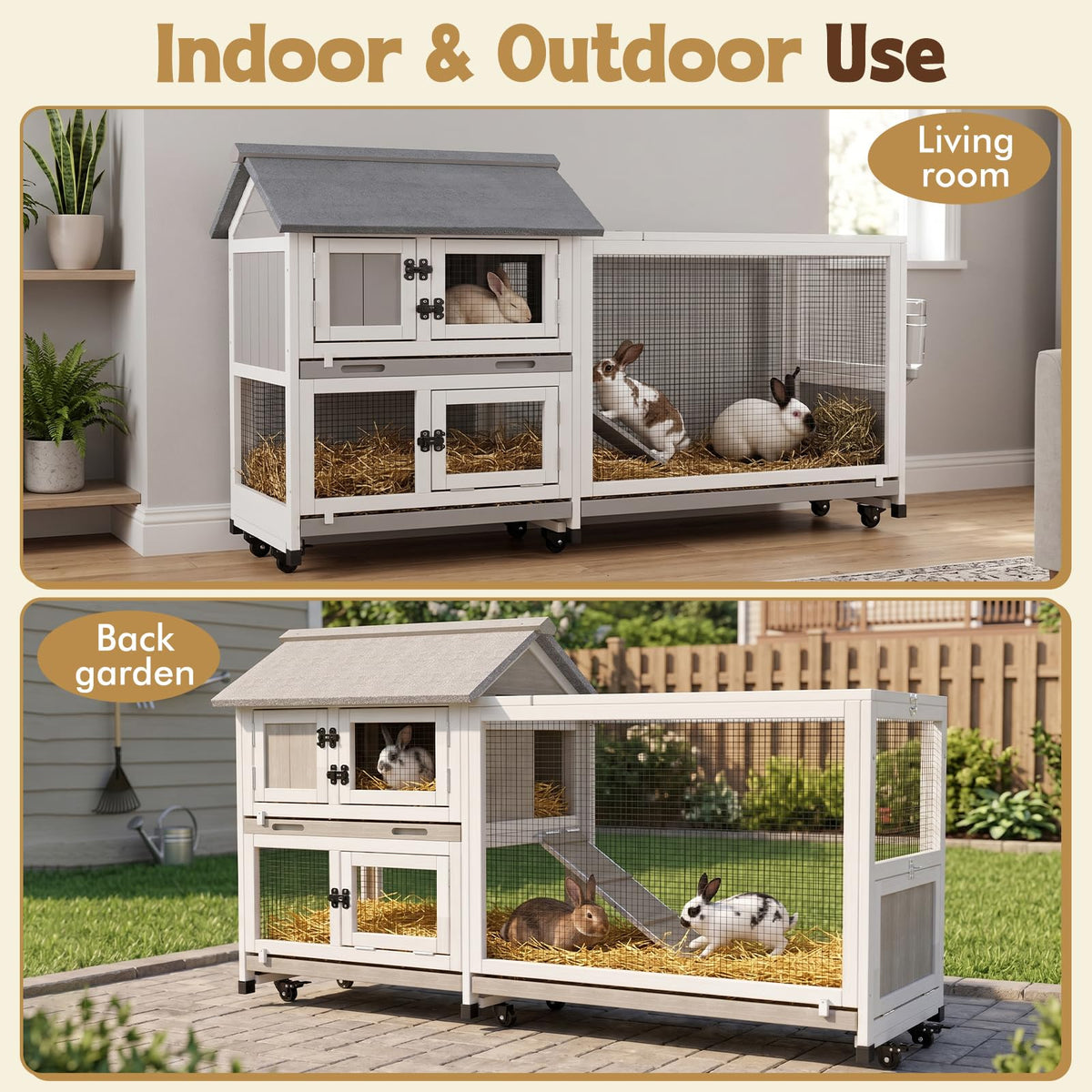 2-Story Wooden Rabbit Hutch with 3 Removable Trays I442