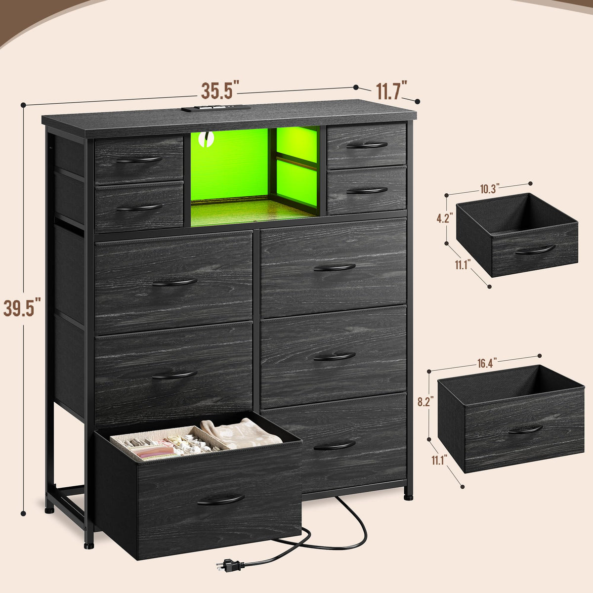 Black 10 Drawer Dresser with LED & Charging Station V122673