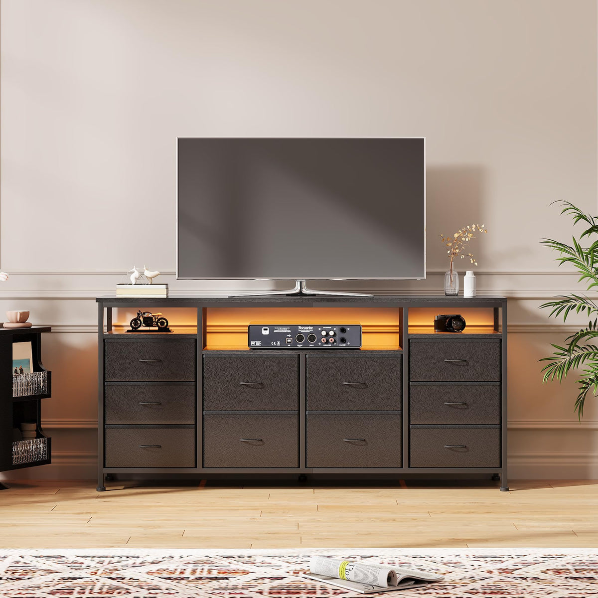10 Drawer Dresser TV Stand with LED Lights and Power Outlets D4540