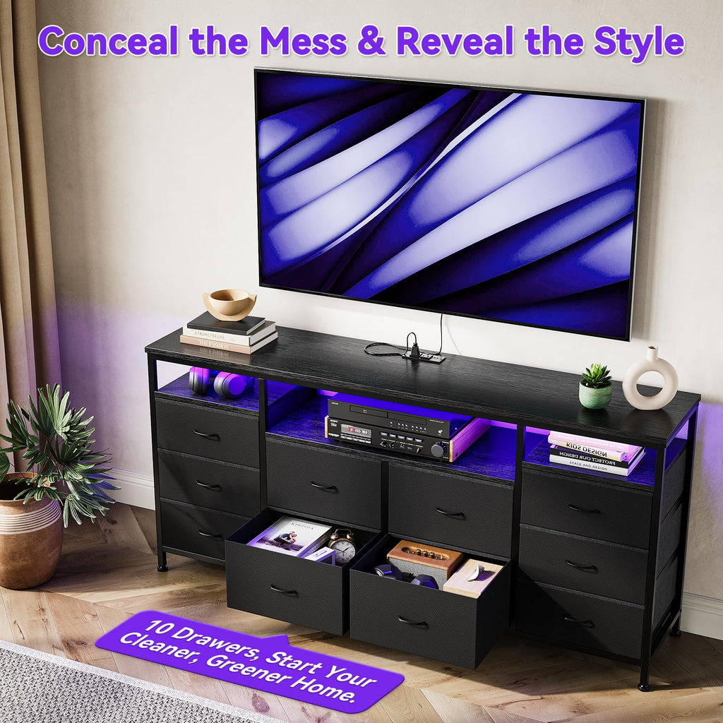 10 Drawer Dresser TV Stand with LED Lights and Power Outlets D4540