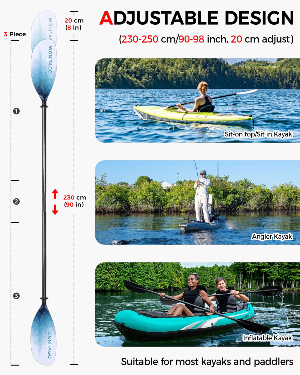 Adjustable Carbon Fiber Shaft Nylon Blade Kayak Paddle D65918