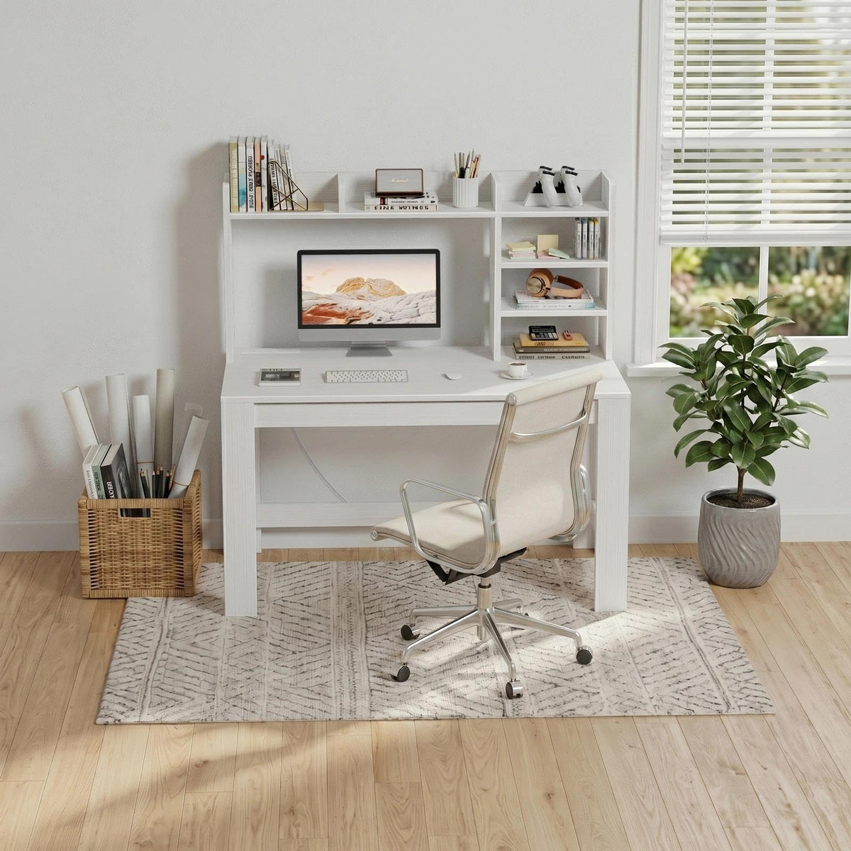 White Student Desk with Hutch and Built-in Power Outlet A36820