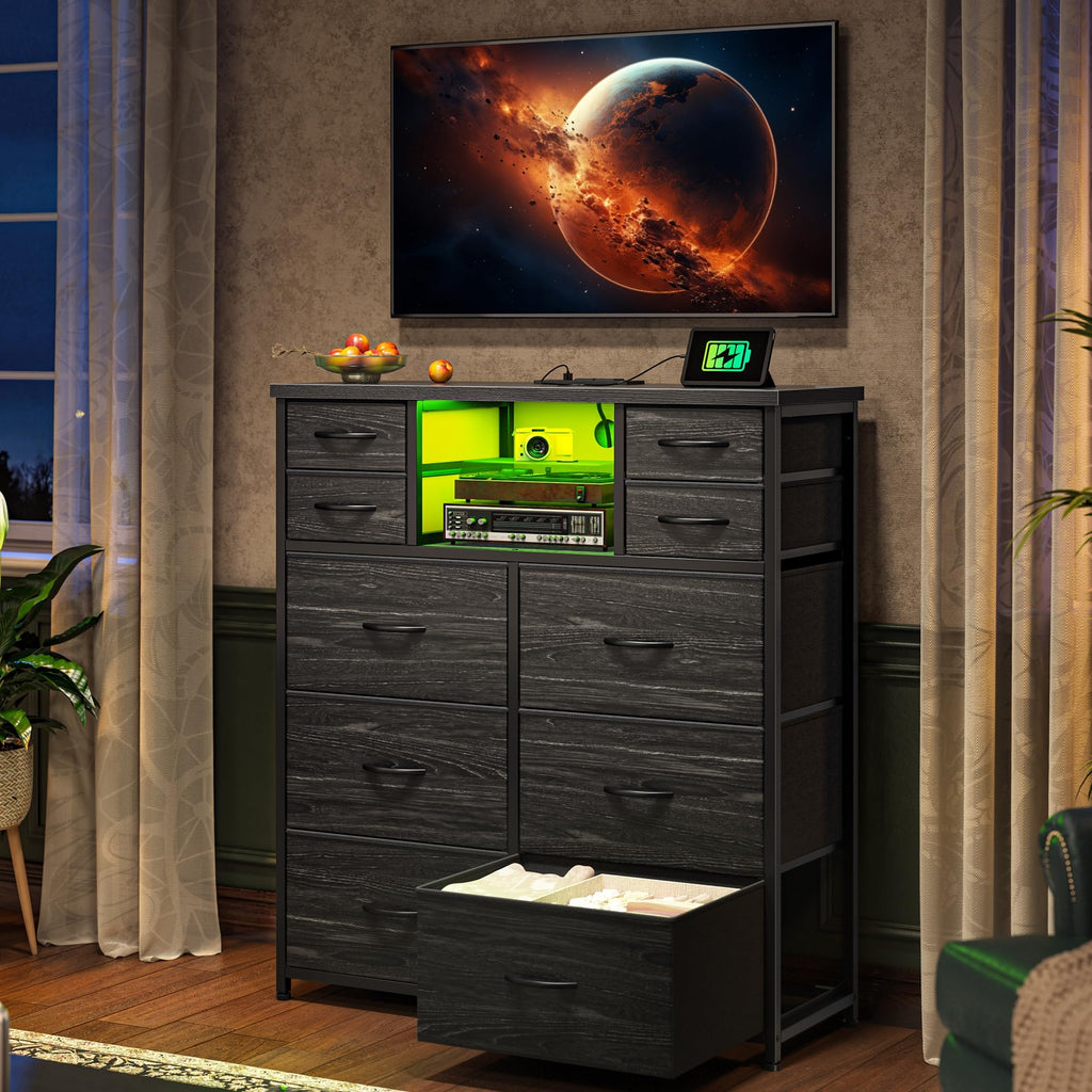 Black 10 Drawer Dresser with LED & Charging Station V122673