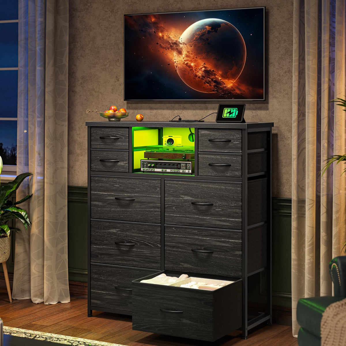 Black 10 Drawer Dresser with LED & Charging Station V122673