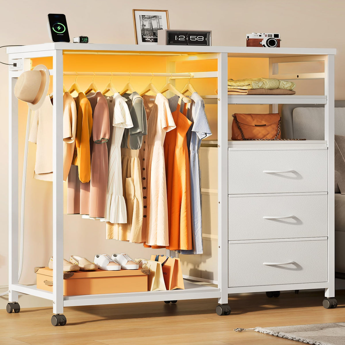 White 3 Drawer Dresser with Hanging Rack J890