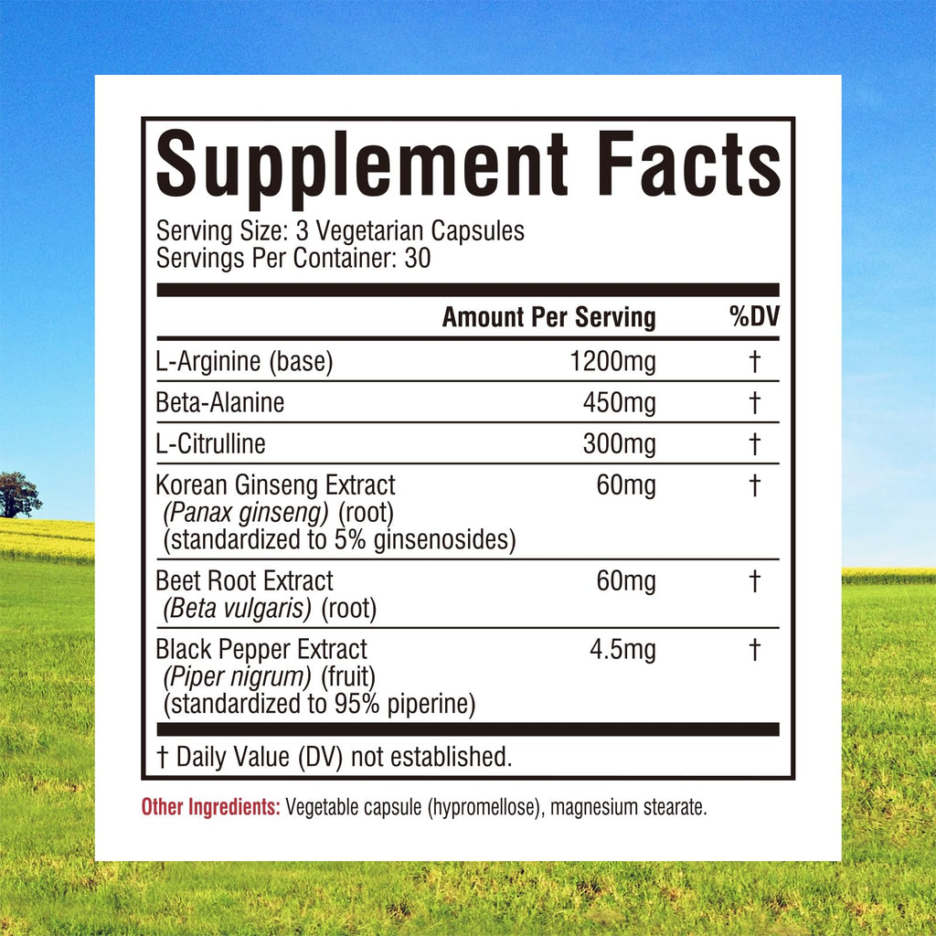 90 Vegan Capsules Nitric Oxide Booster Supplement U950165