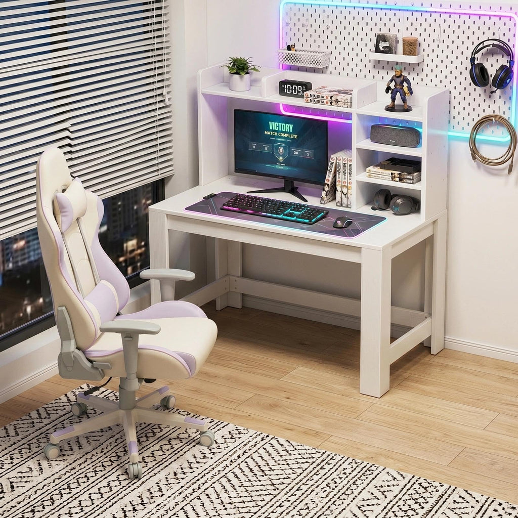 White Student Desk with Hutch and Built-in Power Outlet A36820