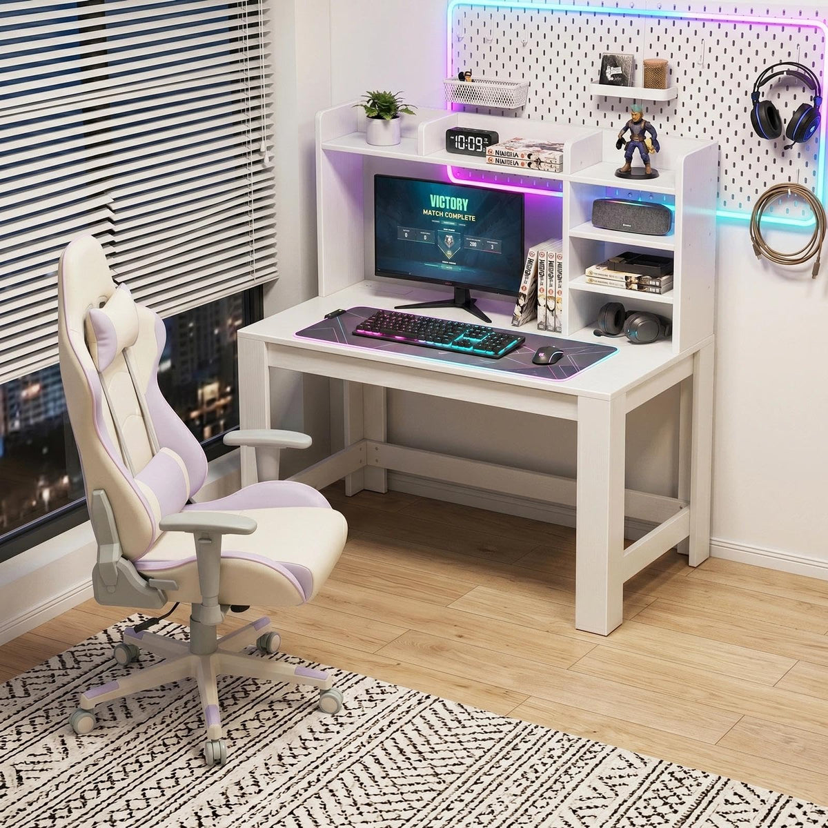 White Student Desk with Hutch and Built-in Power Outlet A36820