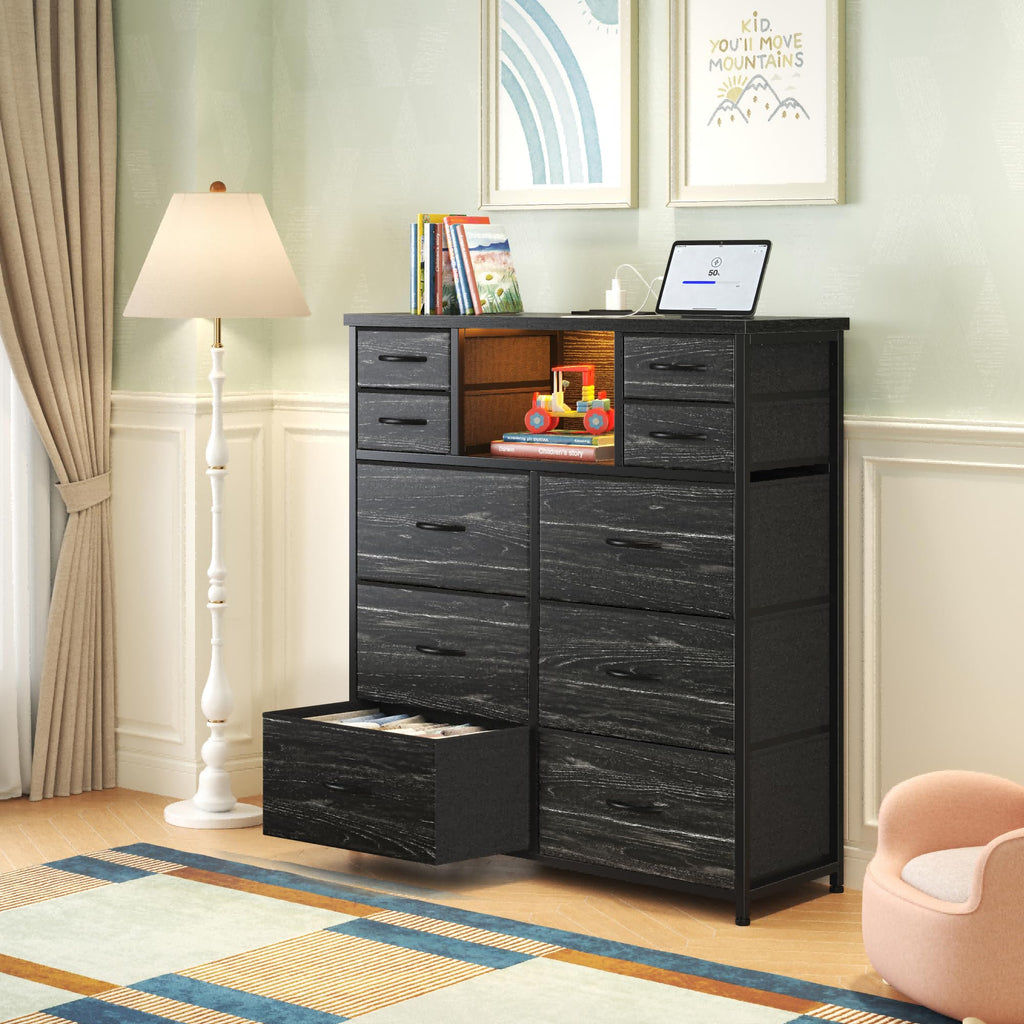 Black 10 Drawer Dresser with LED & Charging Station V122673
