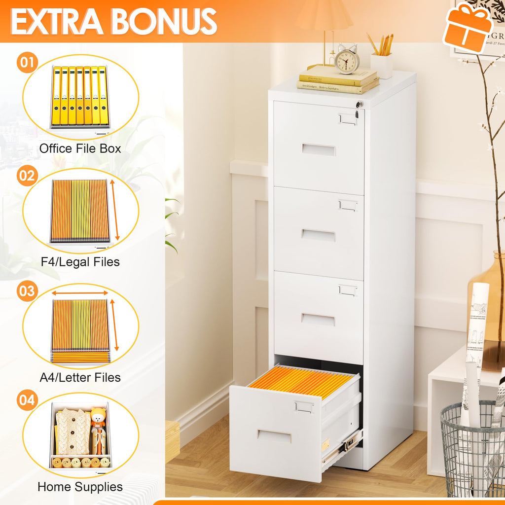 4 Drawer White Metal File Cabinet with Lock C177