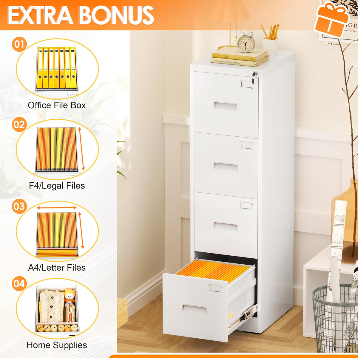 4 Drawer White Metal File Cabinet with Lock C177