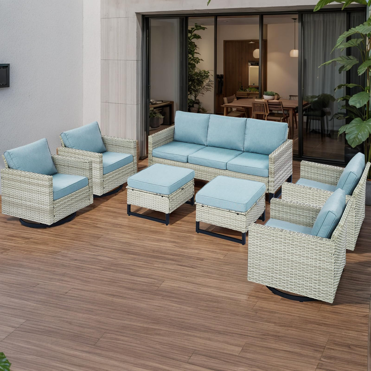 7 Piece Wicker Patio Conversation Set with Swivel Rocker Chairs and Ottoman L276888