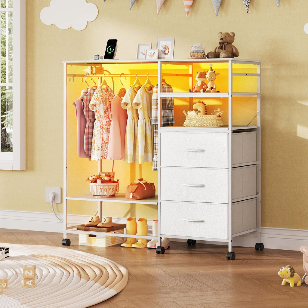 White 3 Drawer Dresser with Hanging Rack J890