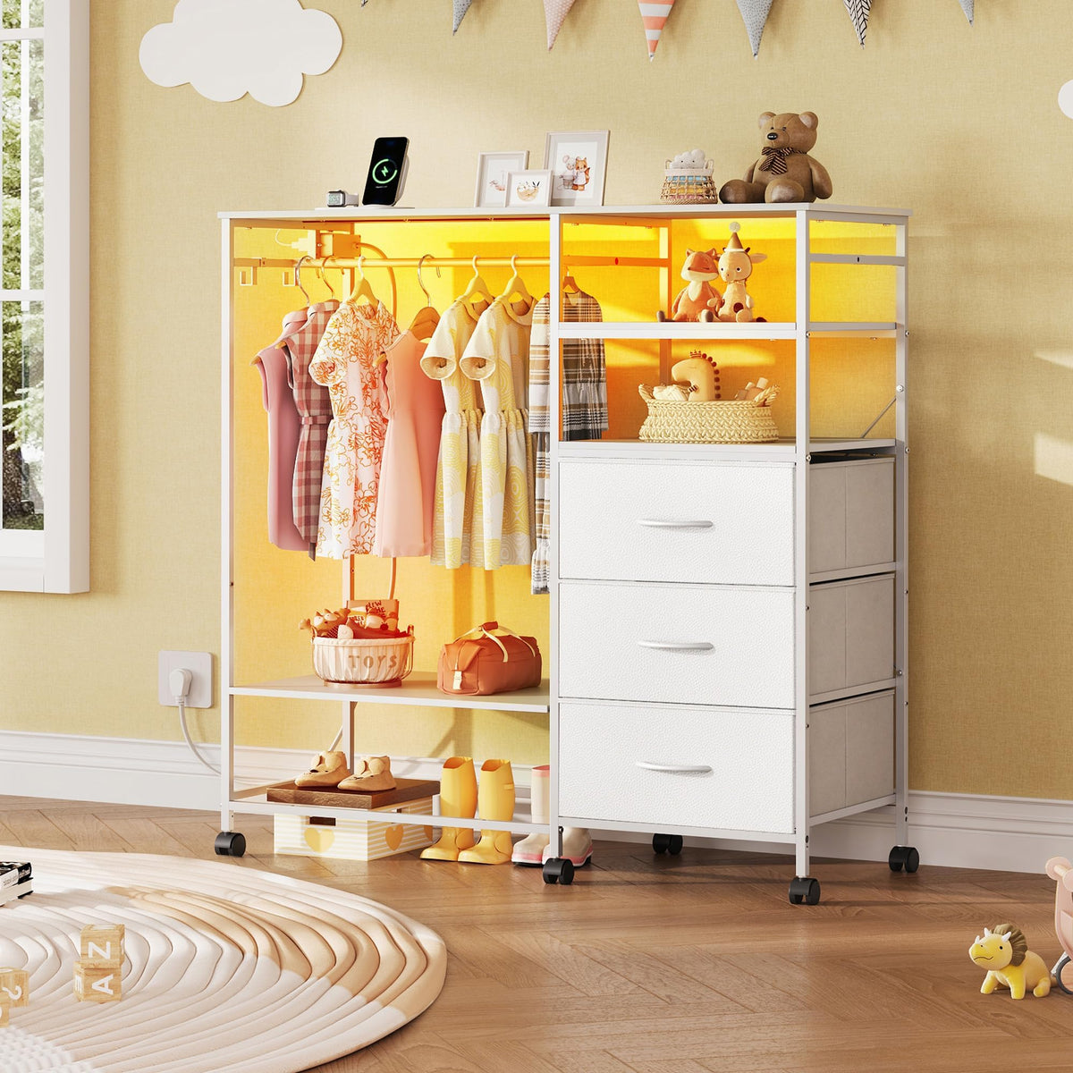 White 3 Drawer Dresser with Hanging Rack J890