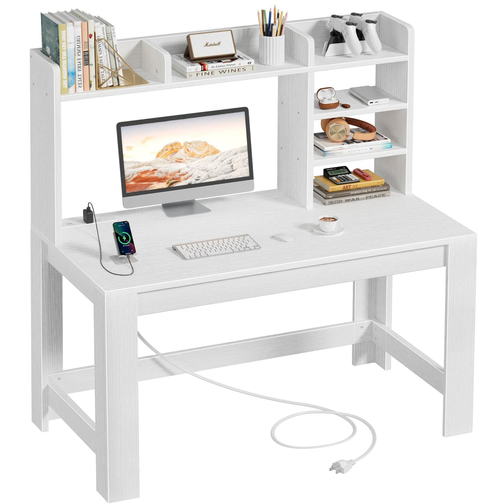 White Student Desk with Hutch and Built-in Power Outlet A36820