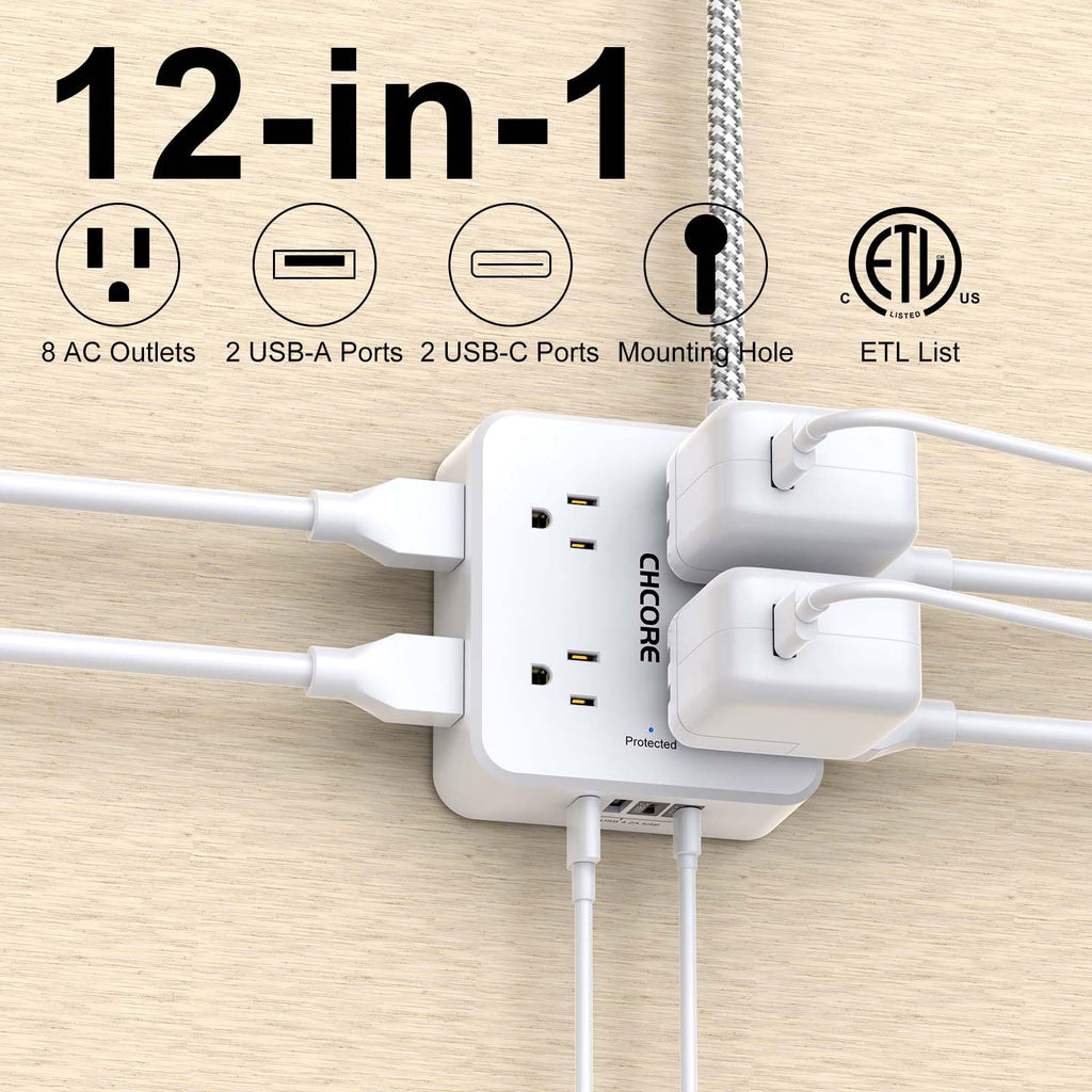 5Ft Braided Extension Cord Power Strip with 8 Outlets and 4 USB Ports, White N81832
