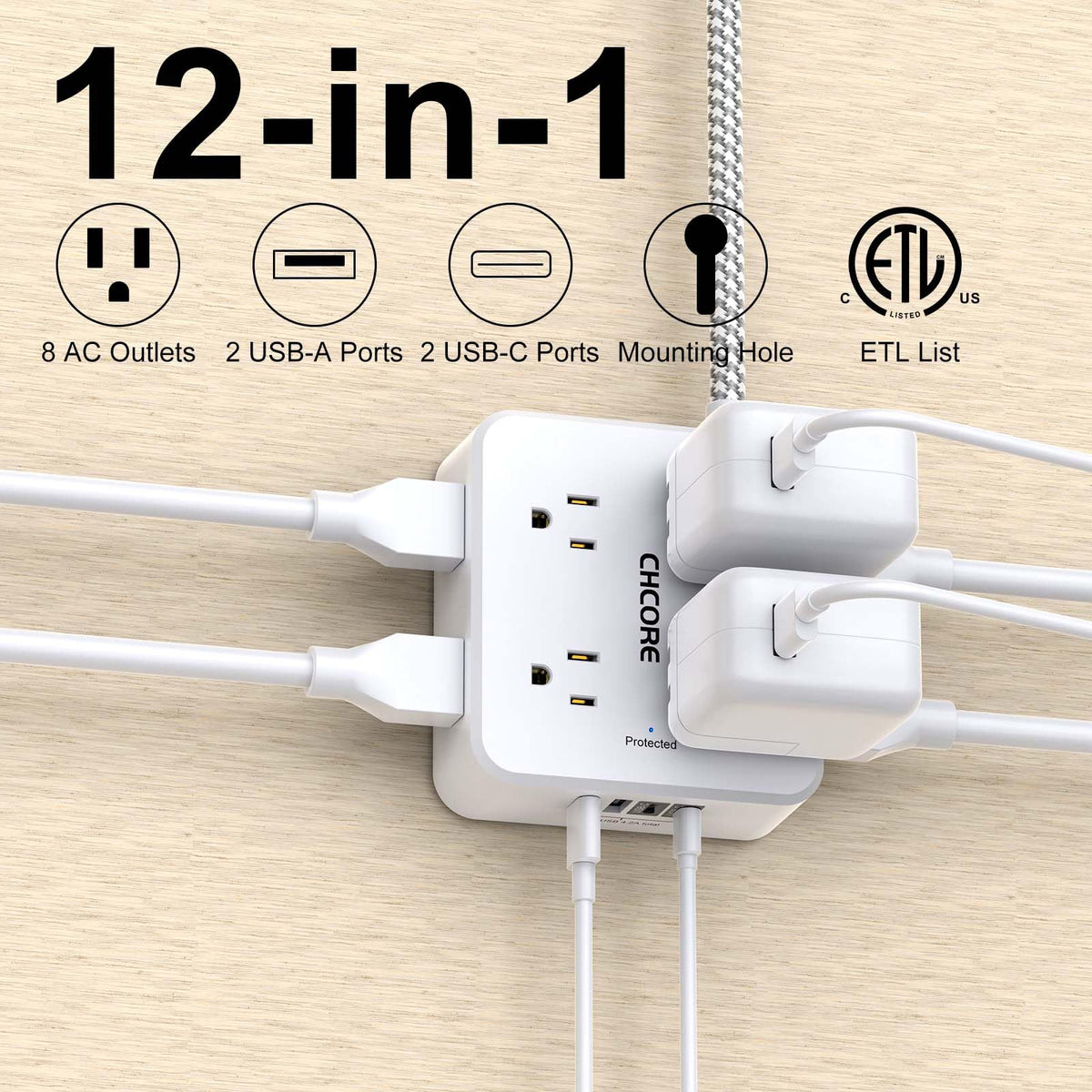 5Ft Braided Extension Cord Power Strip with 8 Outlets and 4 USB Ports, White N81832