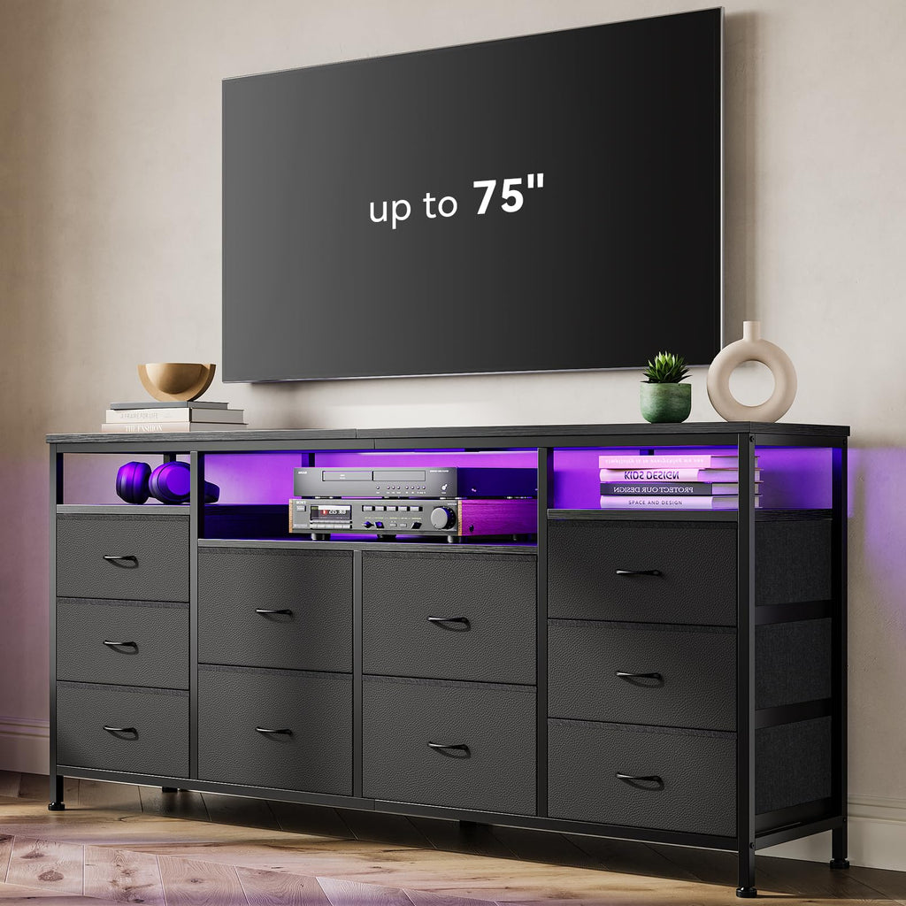 10 Drawer Dresser TV Stand with LED Lights and Power Outlets D4540