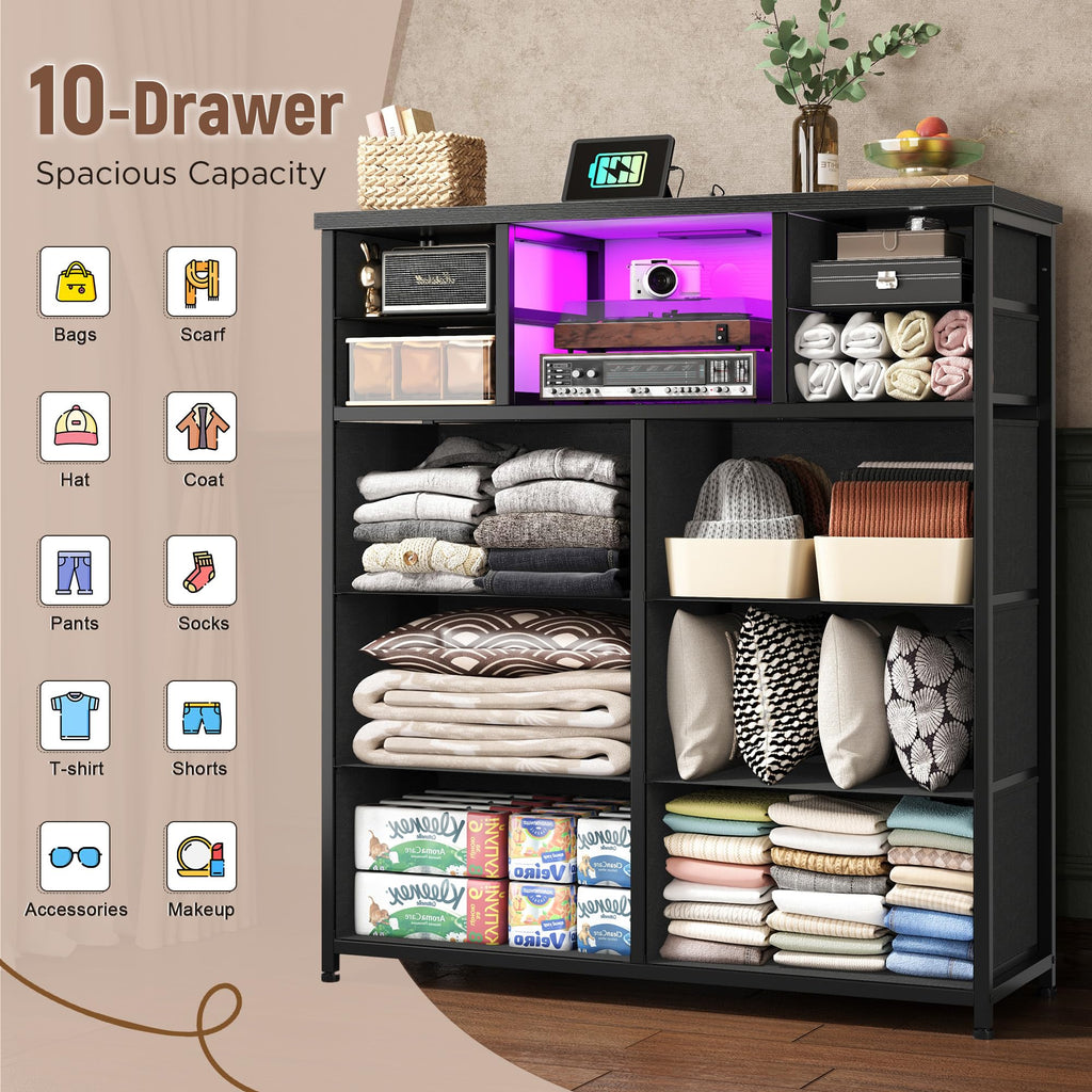 Black 10 Drawer Dresser with LED & Charging Station V122673