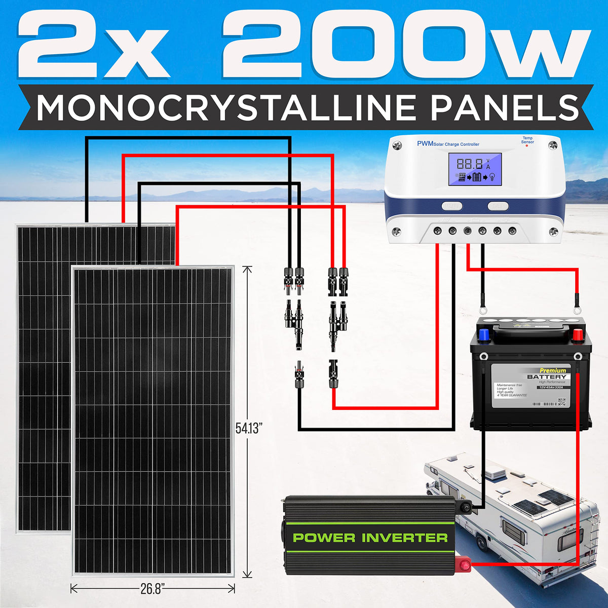 400 Watt 12V Portable Solar Starter Kit with 2 Pcs 200W Monocrystalline Set and 30A PWM Controller Q4979