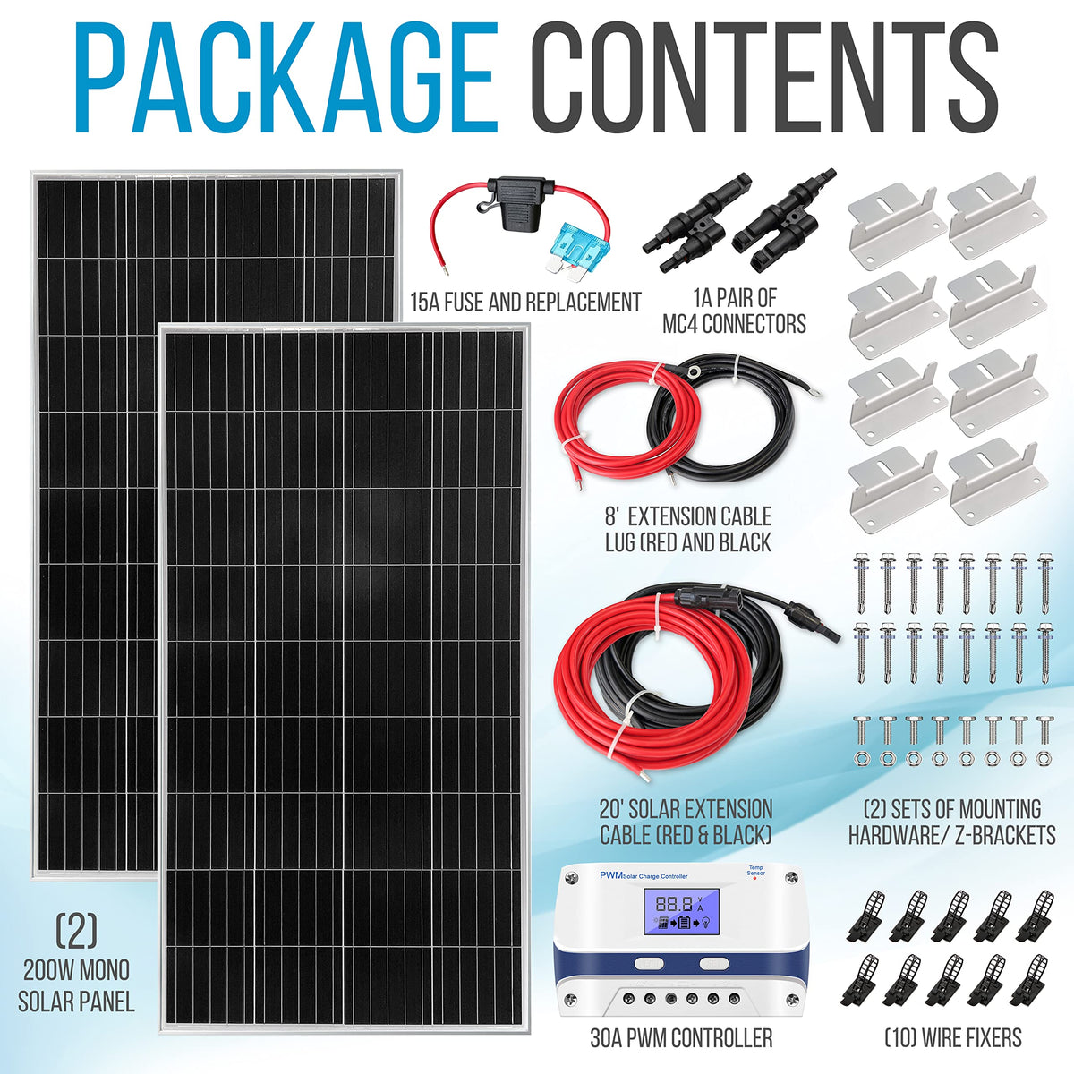 400 Watt 12V Portable Solar Starter Kit with 2 Pcs 200W Monocrystalline Set and 30A PWM Controller Q4979
